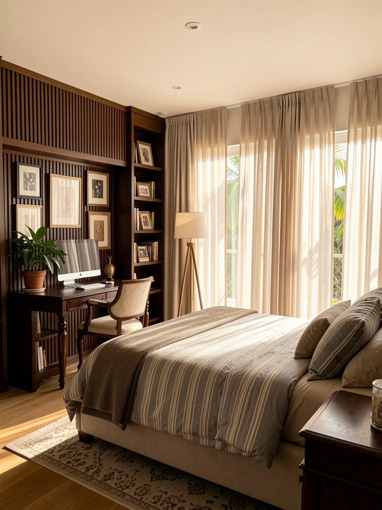 Cama estofada com edredom listrado cinza e bege, mesa de madeira escura com computador e vaso de planta, estante com molduras e luz natural filtrada por cortinas claras.