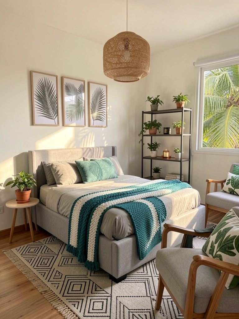 Cama estofada cinza-claro com manta tricotada teal e branca, três quadros botânicos de palmeiras em preto e branco, luminária pendente de rattan trançado, luz natural do dia.