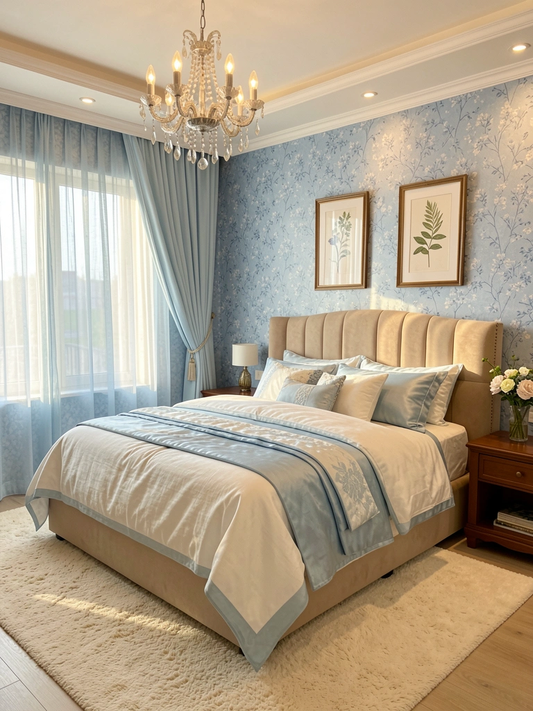 Cama estofada bege com roupa de cama azul clara e branca, papel de parede floral azul, cortina de gazar e lustre de cristal, luz natural.