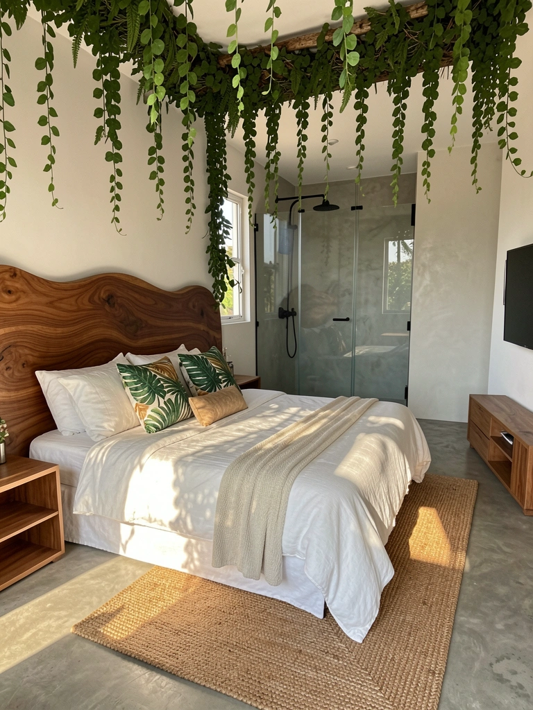 Cabeceira de madeira ondulada, cama com almofadas de folhagens tropicais e tapete trançado sob luz natural.