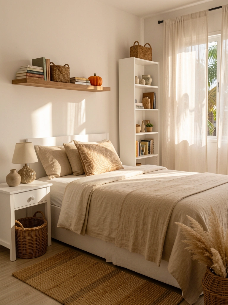 Cama branca com roupa de cama bege e almofada estampada, mesa de cabeceira com vaso decorativo, prateleira com livros e cesto, luz natural filtrada por cortinas.