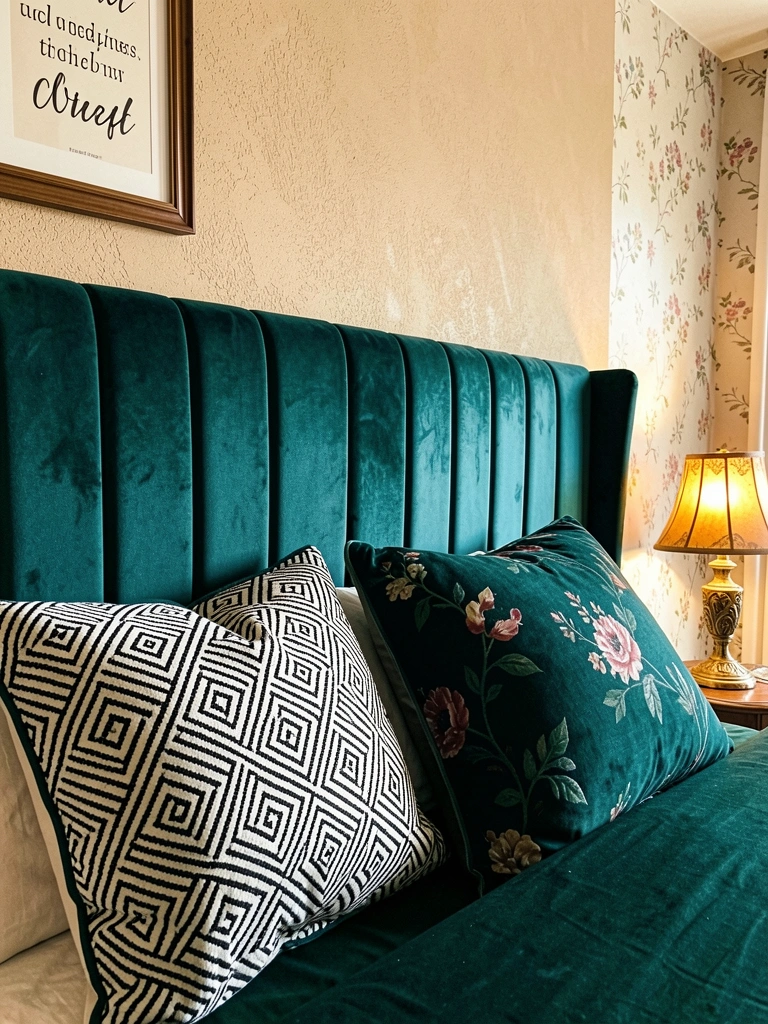 Cabeceira estofada em veludo teal com almofadas geométrica e floral, abajur ornamentado e parede texturizada bege.