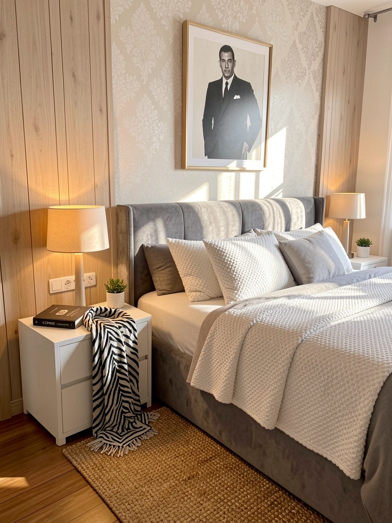 Parede com painel de madeira clara e padrão damasco, cama cinza com manta zebra, abajur com luz quente e livro iluminado na mesa lateral.
