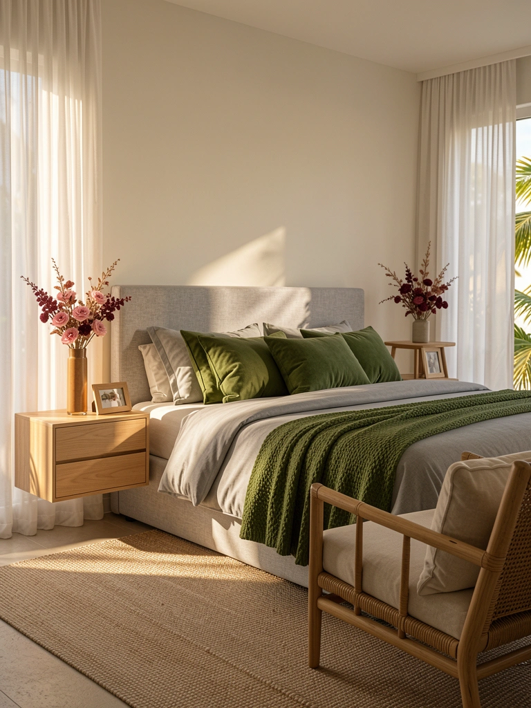 Mesa de cabeceira flutuante de madeira clara com vaso alto de flores rosas e bordô, cama king-size com edredom cinza e almofadas verdes, luz natural filtrada por cortinas brancas.