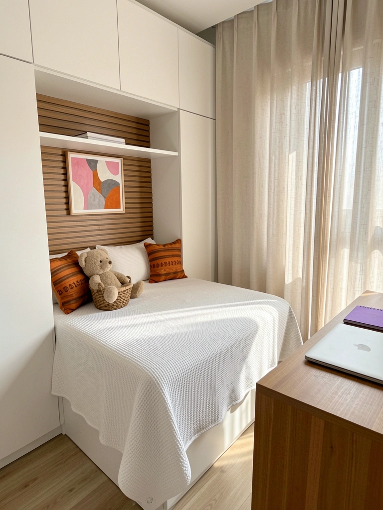 Quarto pequeno com móveis planejados em tons claros, cama com cabeceira estofada, mesa de cabeceira e luminária.