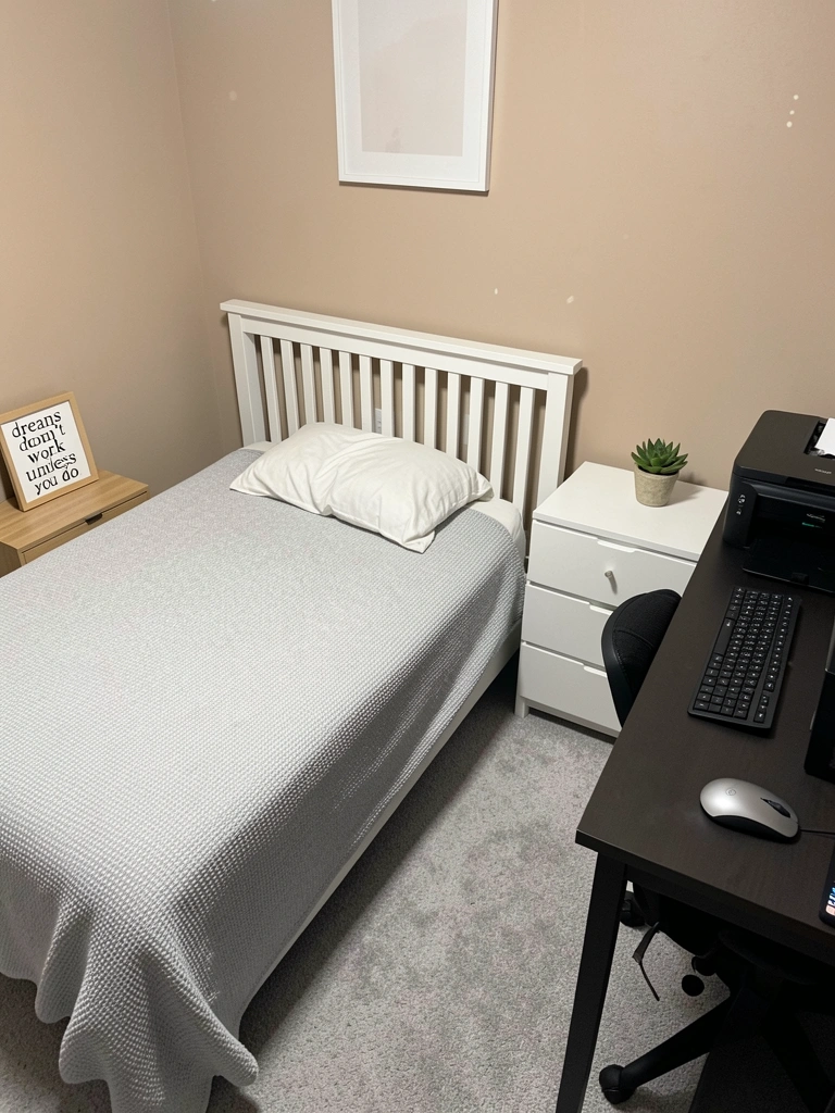 Quarto planejado com armários modulares, gavetas e prateleiras organizadas, cama ao centro e iluminação embutida.