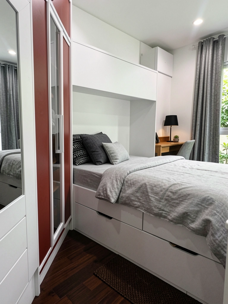 Cama baú com gavetas e guarda-roupa integrado em quarto planejado.