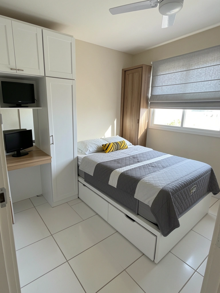 Cama box com gavetas embutidas em quarto arrumado, roupa de cama neutra e travesseiros alinhados.