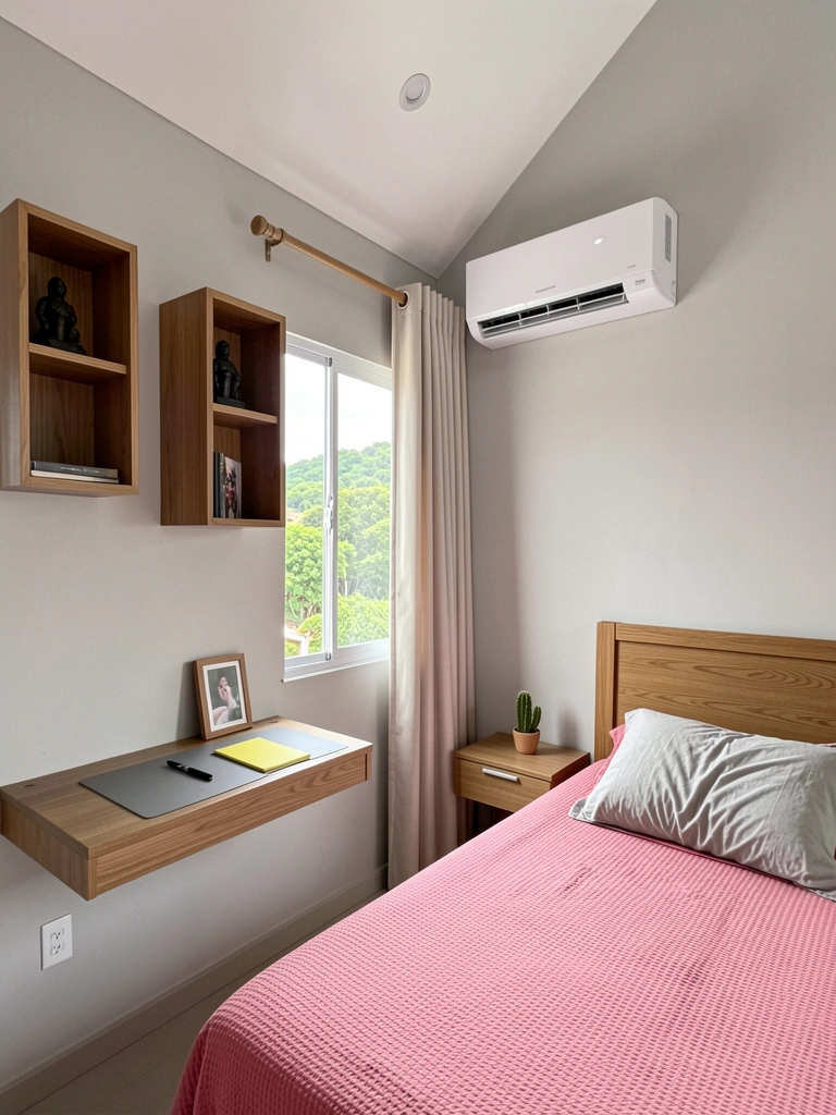 Escrivaninha suspensa ao lado da cama, com nichos na parede e objetos decorativos.