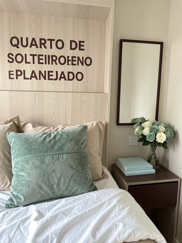 Quarto com paredes claras, roupa de cama branca e detalhes em verde sálvia nos travesseiros e vaso de planta.
