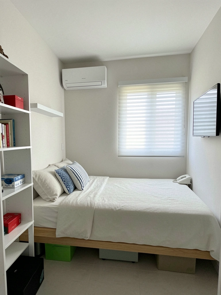 Quarto claro com cama, mesa de cabeceira e armário em tons off-white, luz natural entrando pela janela.