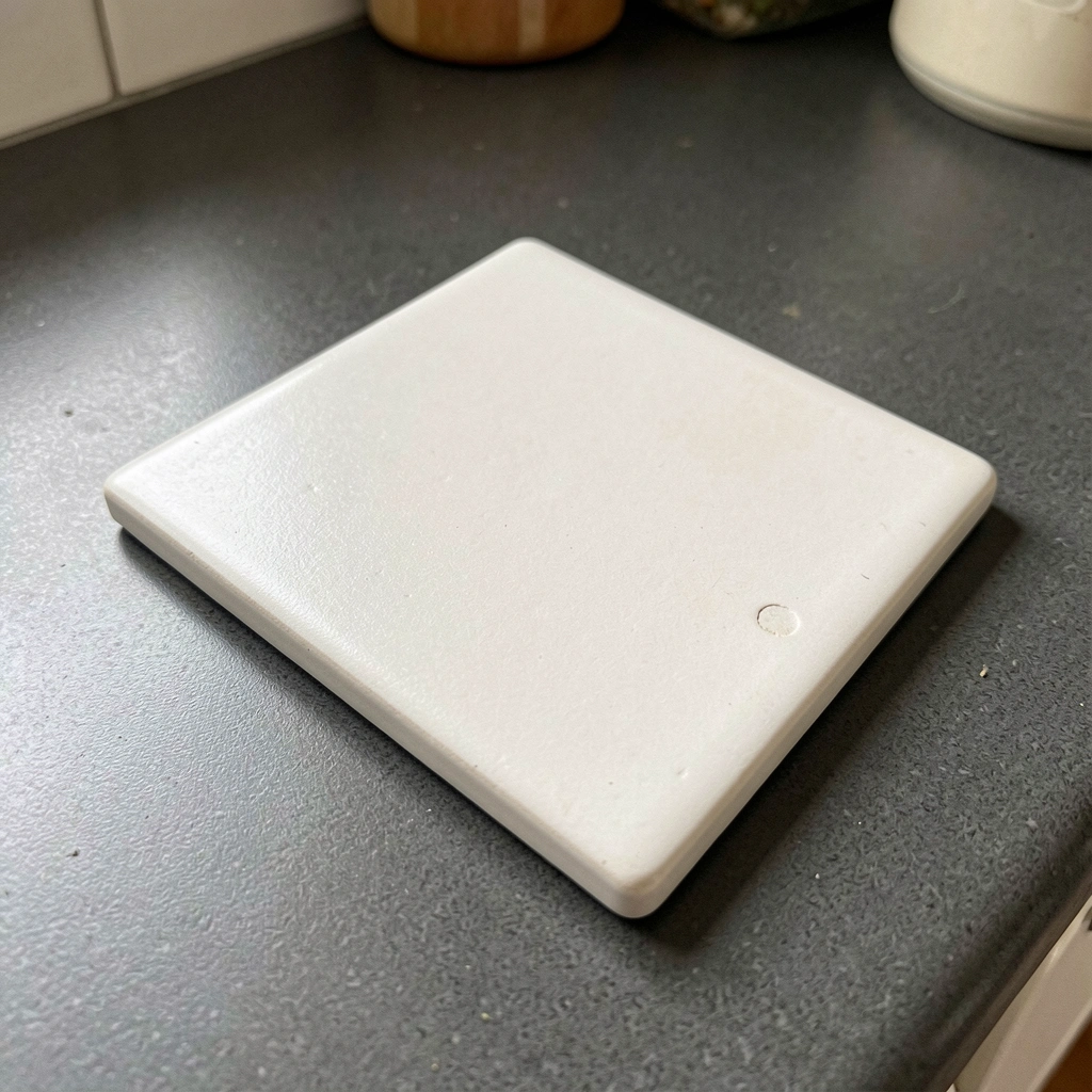 Cozinha com bancada de quartzo branco, armários claros e iluminação natural.