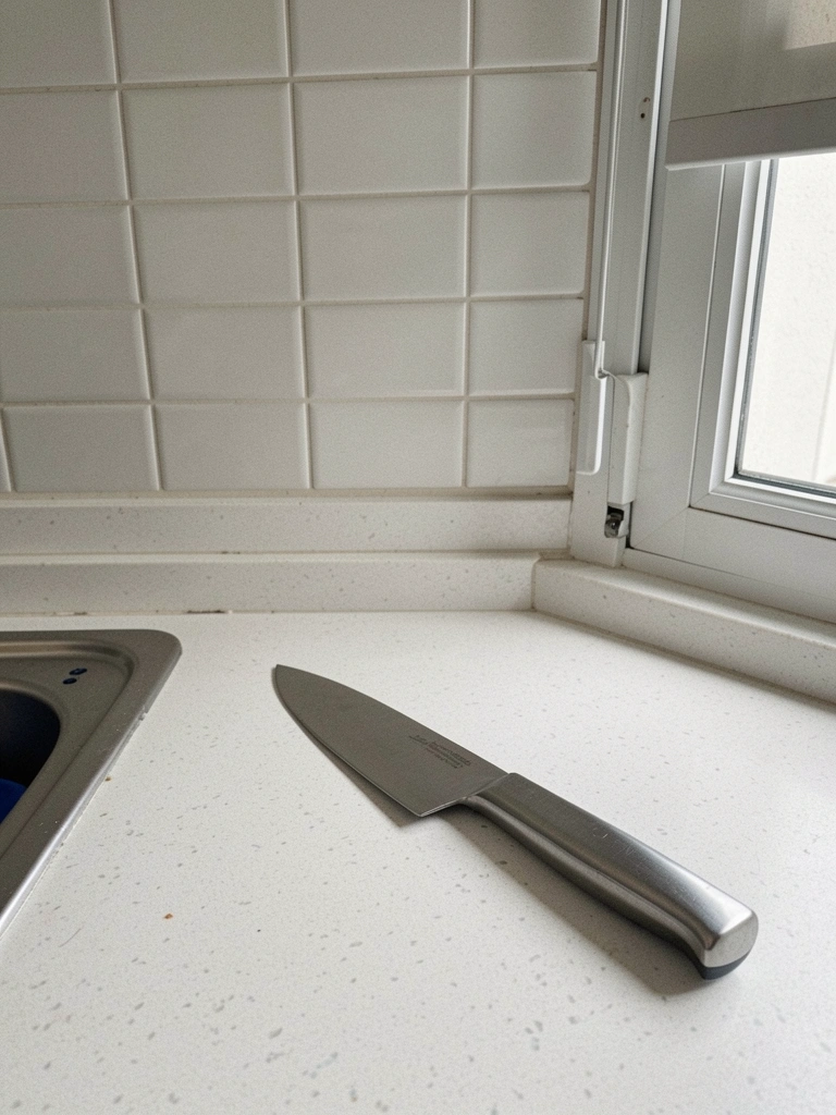 Faca de chef sobre bancada de quartzo branco com fibras cinzas.
