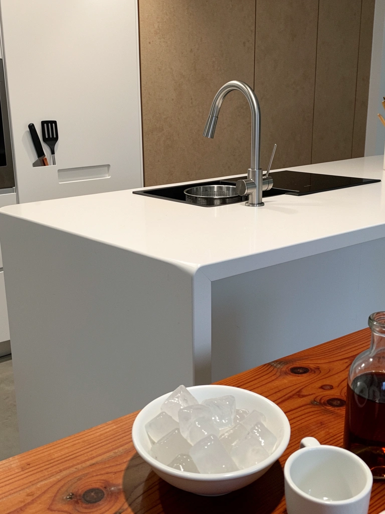 Bancada de quartzo branco em cozinha moderna com armários claros e iluminação natural.