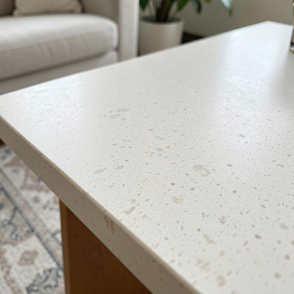Sala de estar com sofá cinza, mesa de centro de quartzo branco e tapete bege.