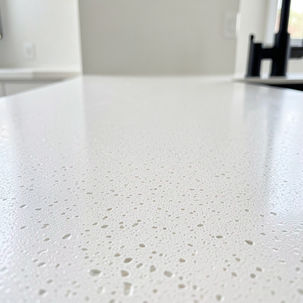 Sala de estar ampla com bancada de quartzo branco, sofá cinza claro e mesa de centro de vidro, iluminação natural entrando por grandes janelas.