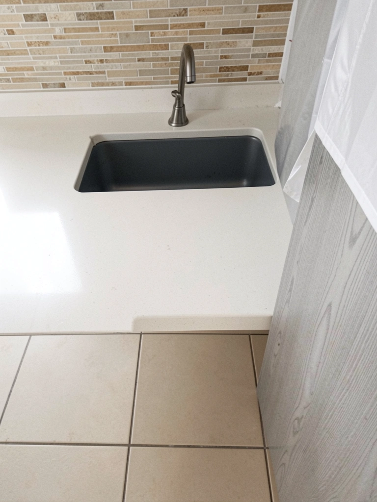 Bancada de quartzo branco polido em sala clássica com molduras e lustre.