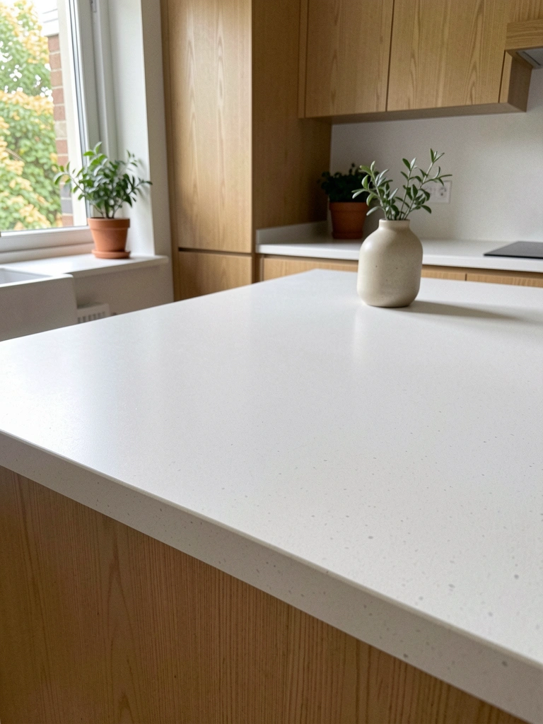 Bancada de quartzo branco fosco em cozinha escandinava com armários claros e planta no vaso.