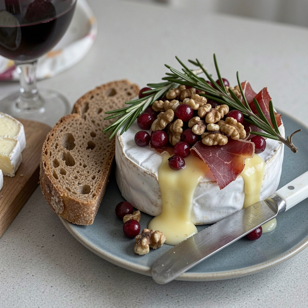 Taça de vinho tinto ao lado de fatias de queijo brie sobre tábua de madeira.