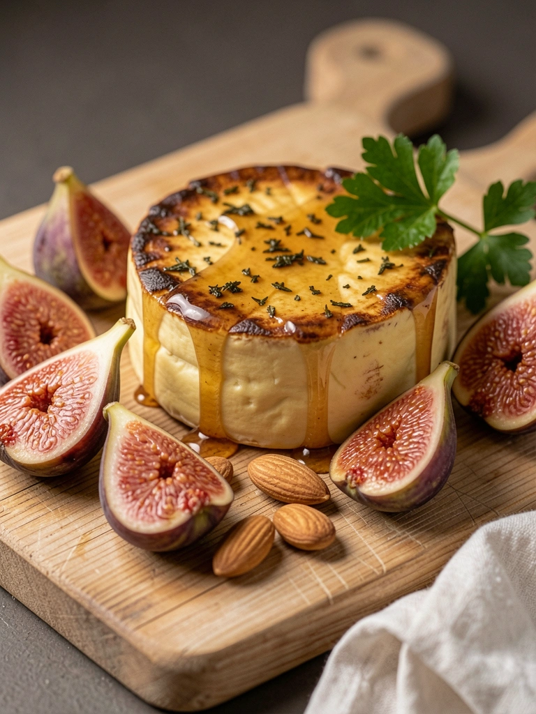 Fatias de queijo brie dispostas em um prato com uvas vermelhas e verdes.