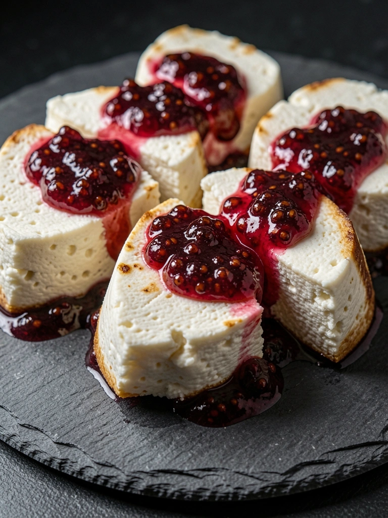 Pote de geleia de figo e mel ao lado de pão artesanal e fatias de queijo brie sobre tábua de madeira.