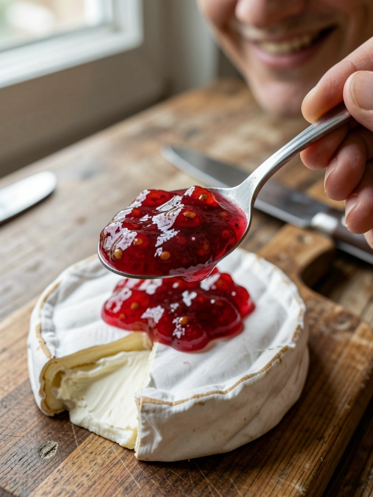 Colher de geleia sobre fatia de queijo brie em prato branco.