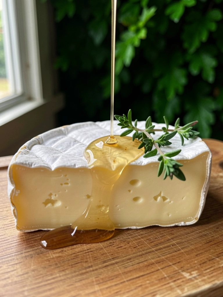 Fio de mel dourado escorrendo sobre um pedaço de queijo brie sobre uma tábua de madeira.