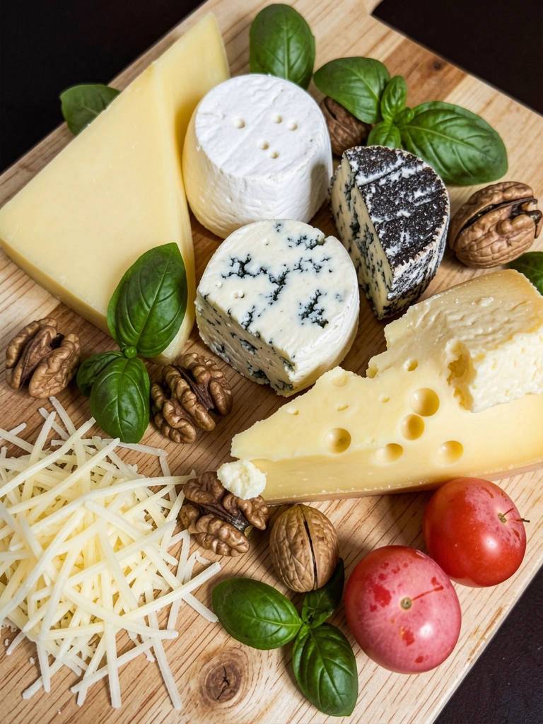 Tábua de madeira com queijo brie, goiabada, doce de leite e pão de queijo.