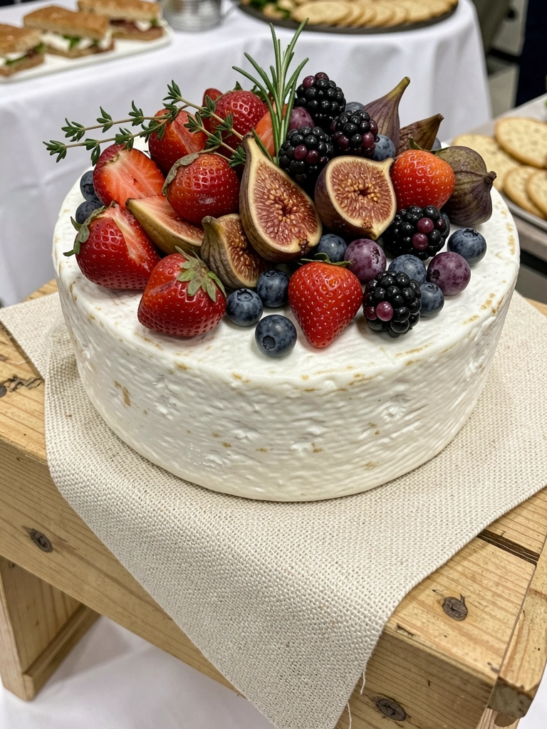 Fatia triangular de queijo brie sobre superfície clara, com cubos de goiabada ao lado.