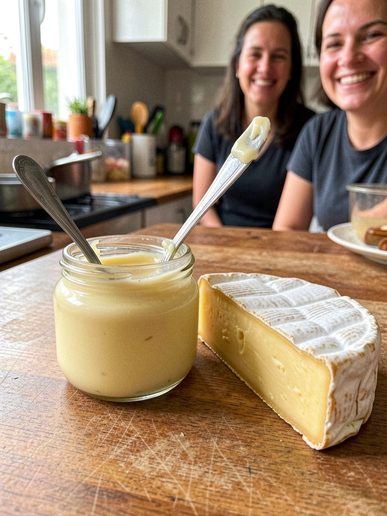 Pote de doce de leite com colher ao lado de um pedaço de queijo brie sobre tábua de madeira.