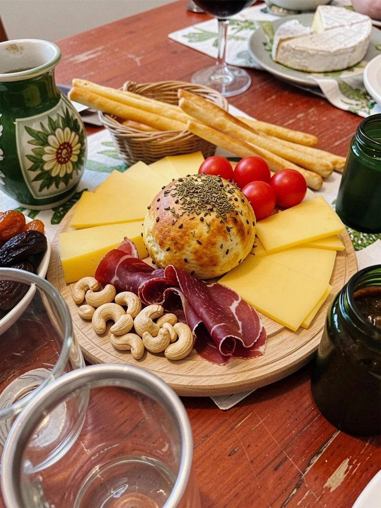 Taça de vinho tinto ao lado de um pedaço de queijo brie em uma tábua de madeira.