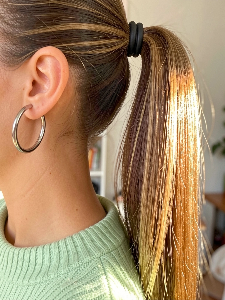 Mulher de costas com rabo de cavalo preso por elástico preto, brincos grandes de prata e suéter verde claro, luz natural suave.