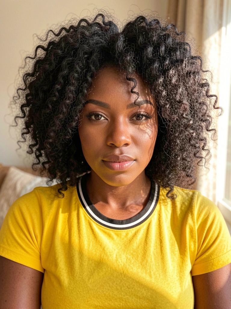 Mulher negra de cabelos crespos volumosos, pele radiante, camiseta amarela com listra preta e branca no decote, olhando para a câmera com expressão confiante, luz natural de dia, fundo levemente desfocado.
