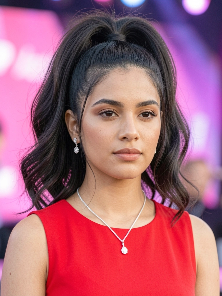 Jovem de cabelo preso em rabo de cavalo alto, vestido vermelho sem mangas e joias de diamante, fundo desfocado em tons de rosa e roxo.