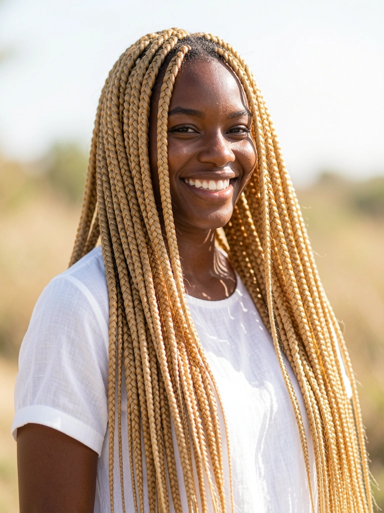 Cabelos trançados loiros e volumosos caem sobre os ombros, mulher negra sorri em camisa branca, luz natural e fundo desfocado.