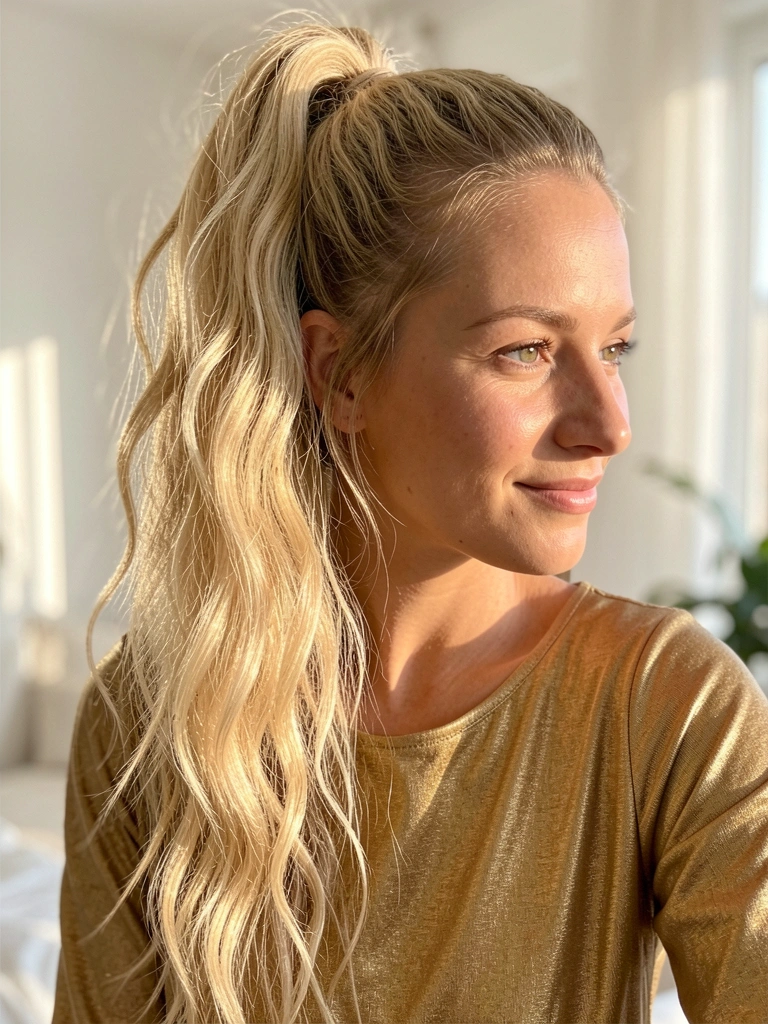 Mulher de cabelo loiro ondulado em rabo de cavalo alto, top dourado, luz natural suave e fundo levemente desfocado.