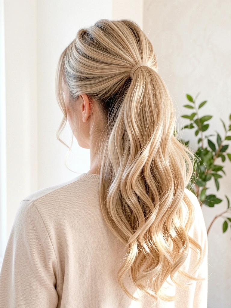 Cabelo loiro claro ondulado em meio rabo de cavalo volumoso, luz difusa e folhagem verde desfocada ao fundo.
