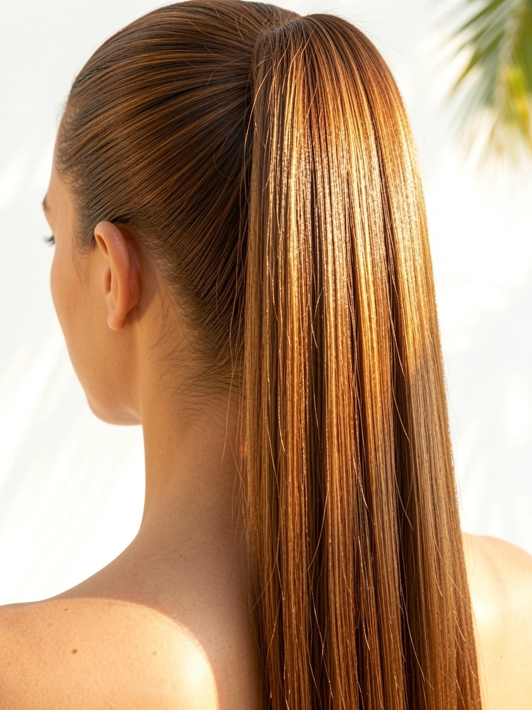 Cabelo castanho com mechas finas em rabo de cavalo polido, luz natural difusa destacando o brilho dos fios contra fundo branco.