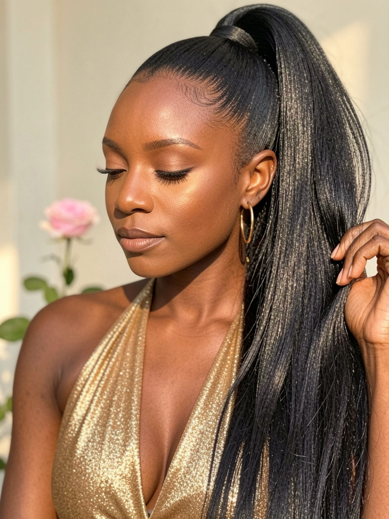 Mulher negra com cabelo preto volumoso em rabo de cavalo alto, brincos dourados e top dourado, segurando o cabelo, com luz natural e rosa ao fundo.