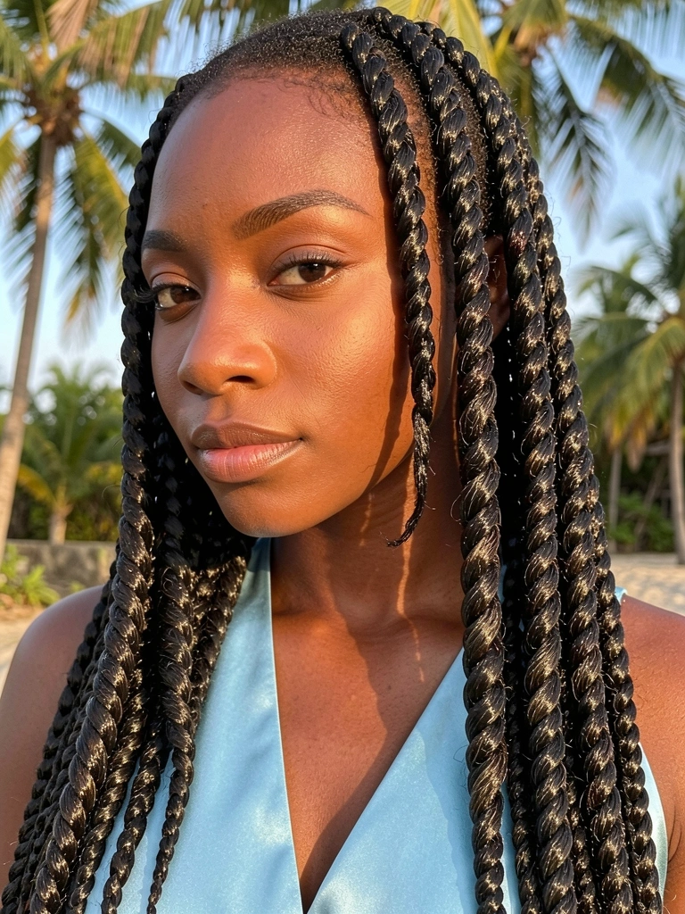 Close-up de trançado grosso e texturizado com brilho, pele negra com maquiagem sutil, blusa de cetim azul-claro e luz natural quente.
