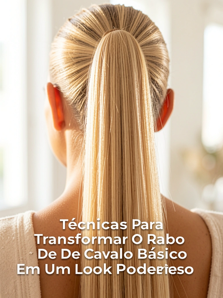 Cabelo loiro longo e liso preso em rabo de cavalo apertado, fios brilhantes refletem luz natural, fundo desfocado claro.