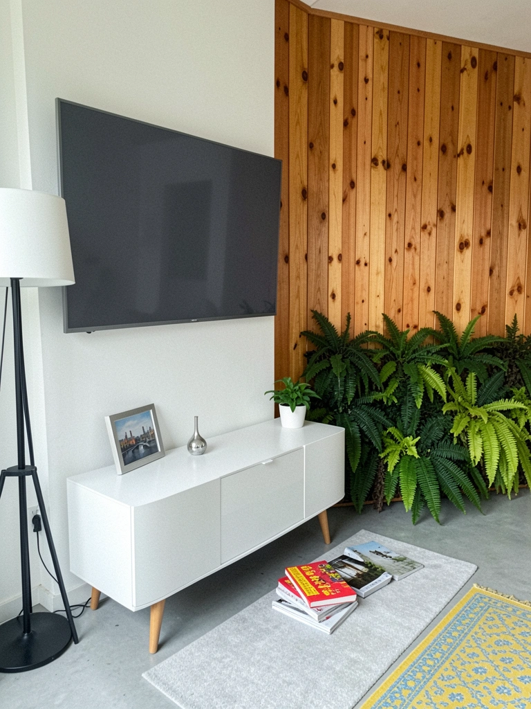 Sala de estar com rack moderno branco, TV central na parede, vaso e objetos decorativos sobre o móvel.
