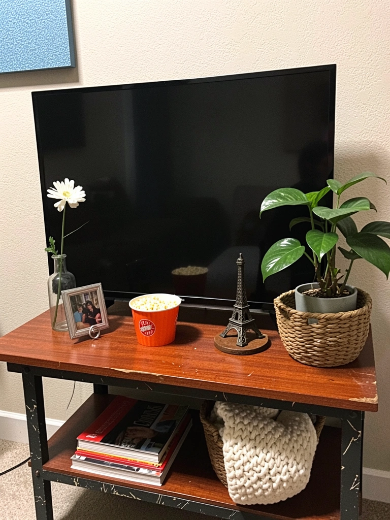 Prateleiras de rack com vasos, livros e objetos decorativos em composição equilibrada.