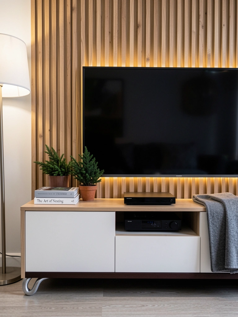 Rack de madeira com painel ripado e iluminação LED embutida em ambiente interno.