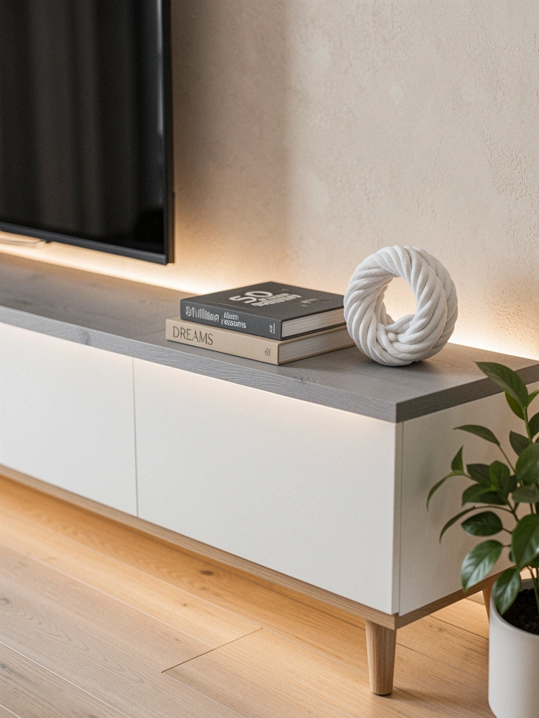 Rack de madeira escura com prateleiras iluminadas por fitas LED, destacando vasos e livros.