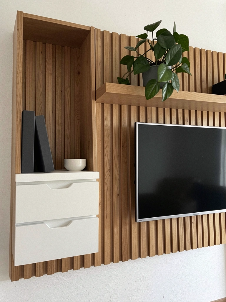Rack modular com nichos assimétricos em diferentes alturas, montado sobre piso de madeira.