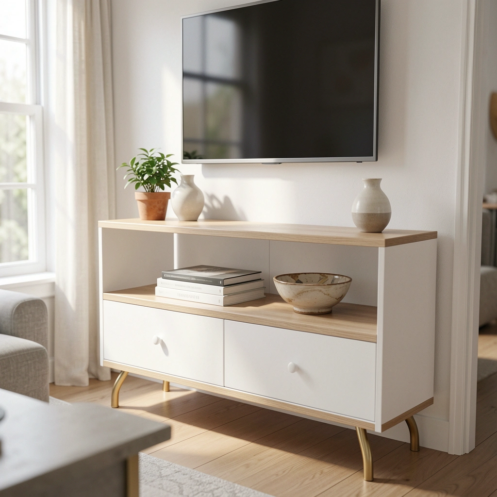 Sala de estar com rack linear branco, TV central, vaso e livros sobre o móvel.