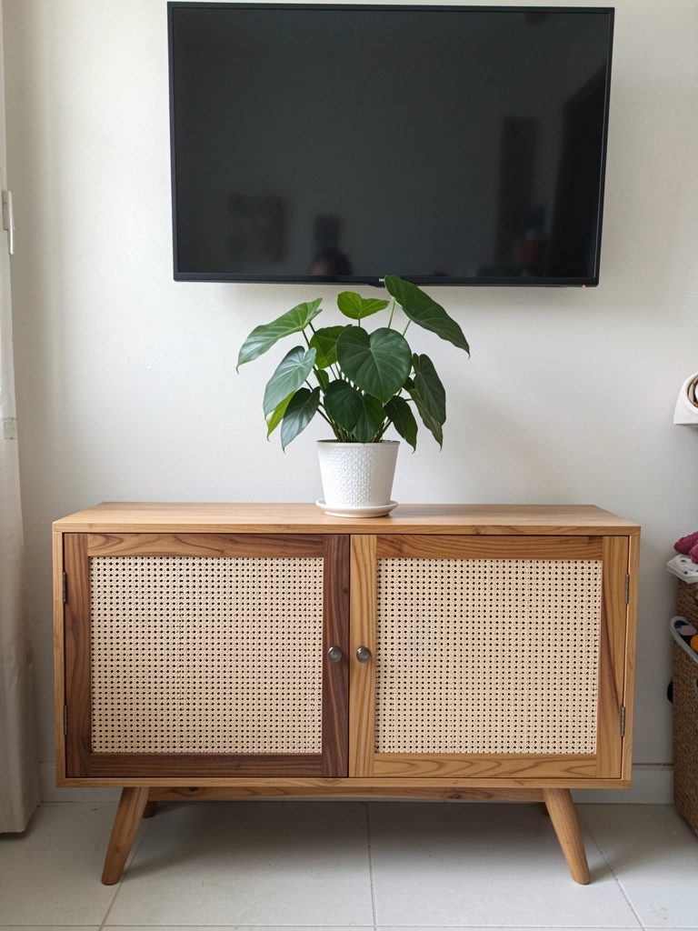 Esboço de sala com rack de 1,80m e TV acima, desenho à mão livre.