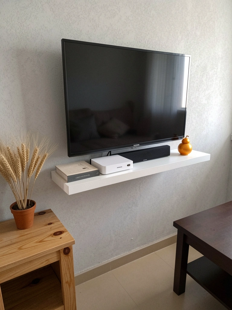 Rack suspenso estreito sob TV em sala compacta, com parede clara e poucos objetos decorativos.