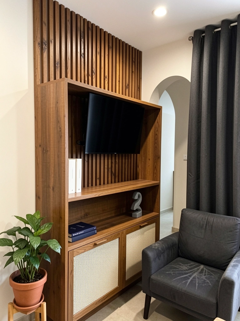 Rack de canto com prateleiras brancas em sala pequena, com objetos decorativos e parede clara ao fundo.